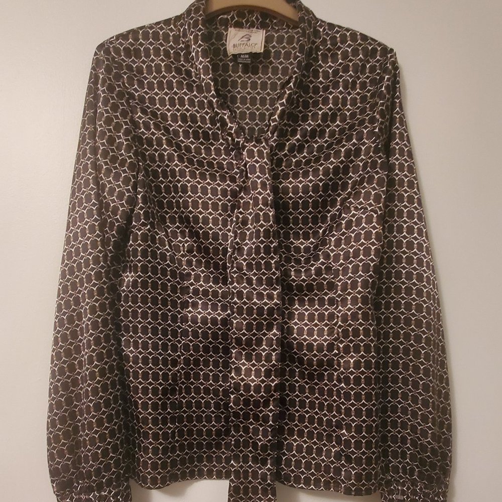 BANANA REPUBLIC Black Satin Blouse Geo Pattern Fitted Button Down Neck Bow Tie